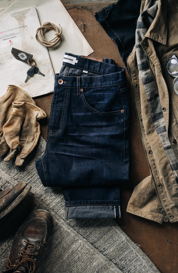 Flatlay of the democratic jean in rinsed organic selvage