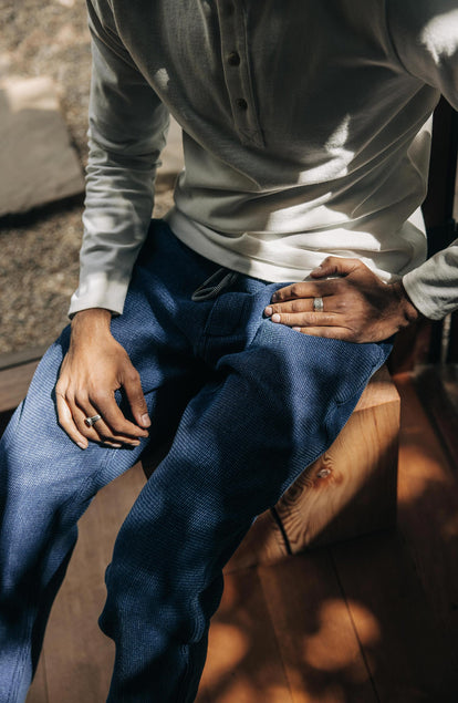 Editorial Panel: The Apres Pant in Indigo Waffle, Bottoms by Taylor Stitch