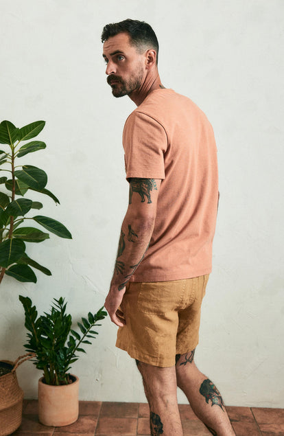 Our model standing in The Apres Short in Wheat Hemp
