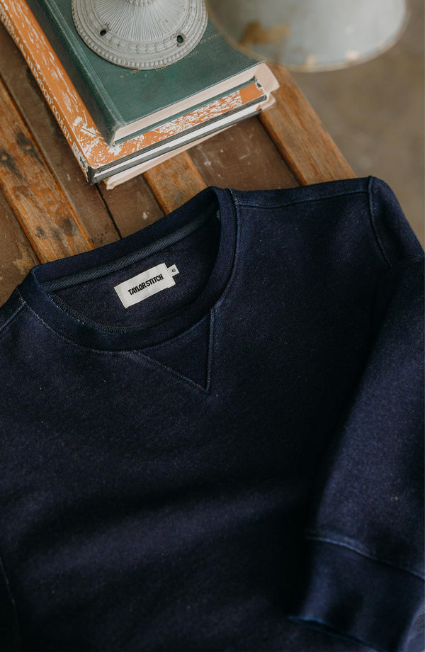 Our model standing in The Apres Crewneck in Indigo Terry