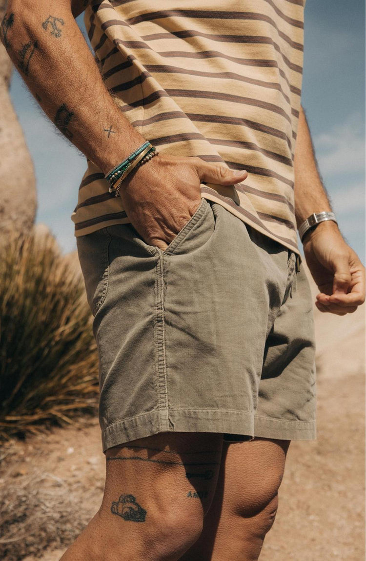 Our model wearing The Apres Short in Arid Eucalyptus Micro Cord