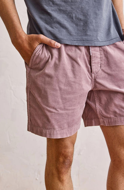 Our model standing in The Apres Short in Poppy Seed Micro Cord