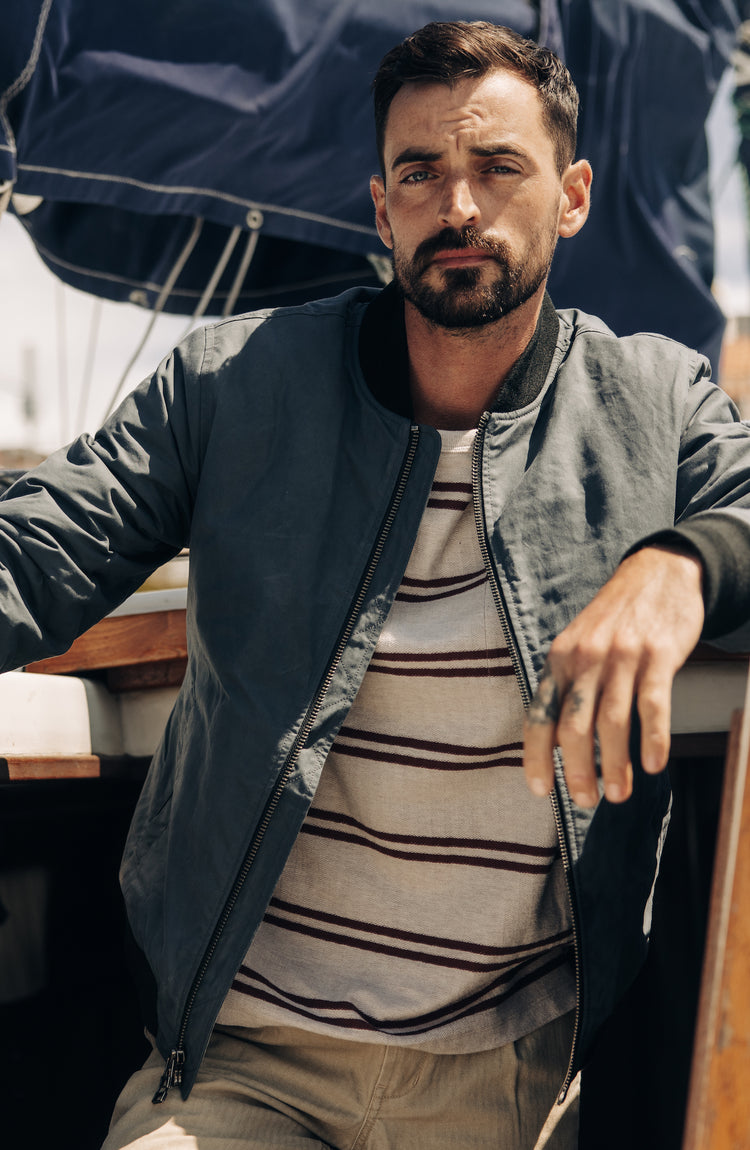 fit model wearing The Bomber Jacket in Charcoal Dry Wax
