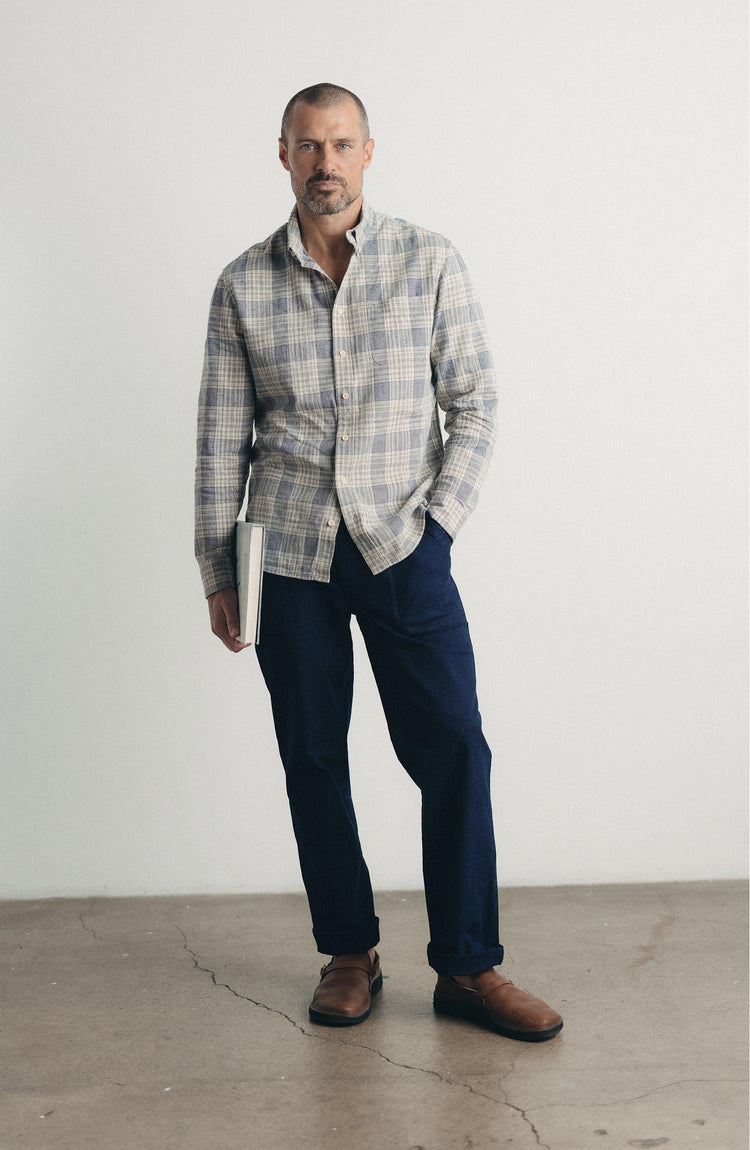 fit model posing in The Breakwater Pant in Rinsed Indigo Ripstop