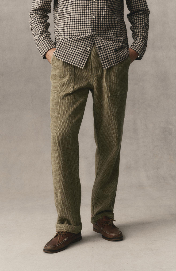 fit model posing in The Breakwater Pant in Cypress Sashiko