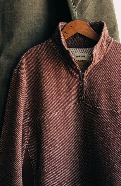 material shot of The Briggs Pullover in Merlot French Terry Twill Knit on a hanger