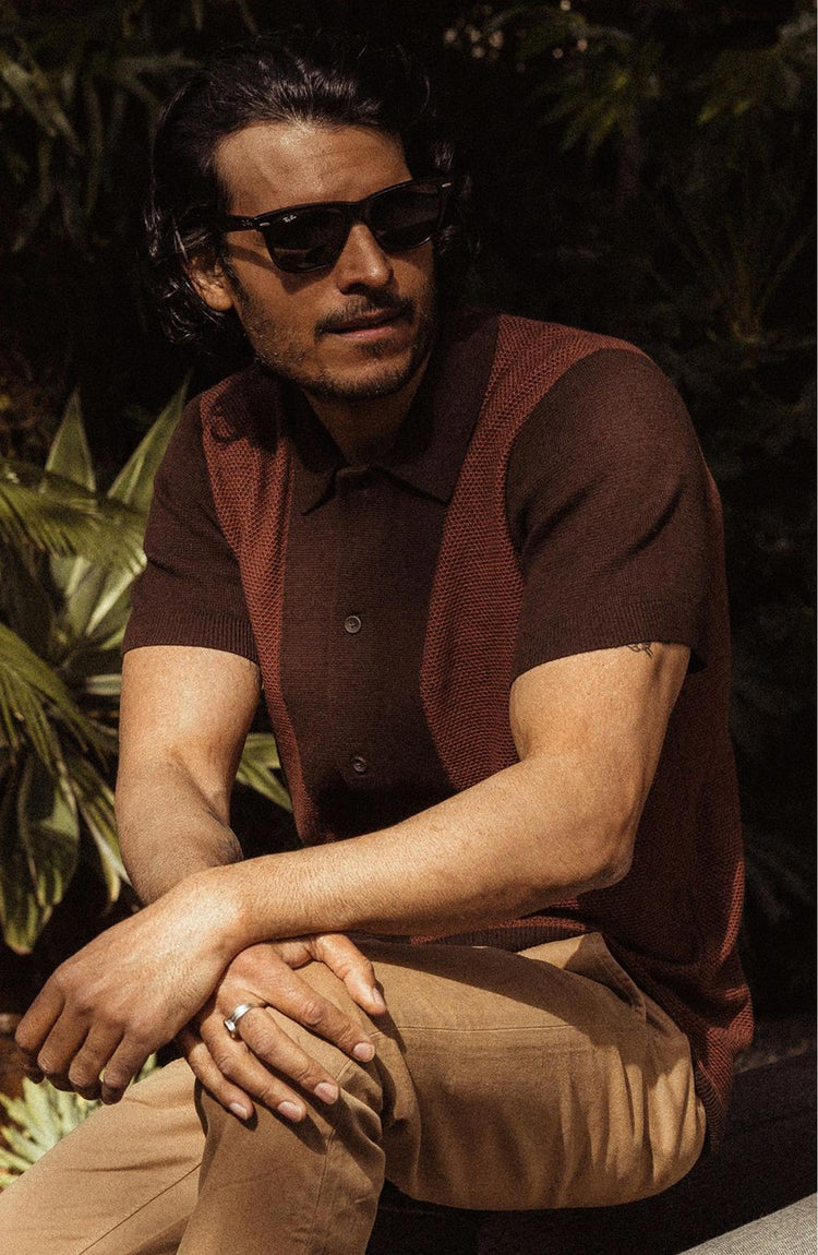 Our model wearing The Button Down Polo in Morita Seed Stitch