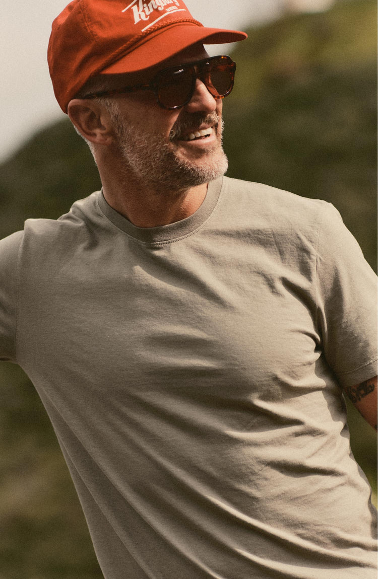 fit model posing in The Cotton Hemp Tee in Sage