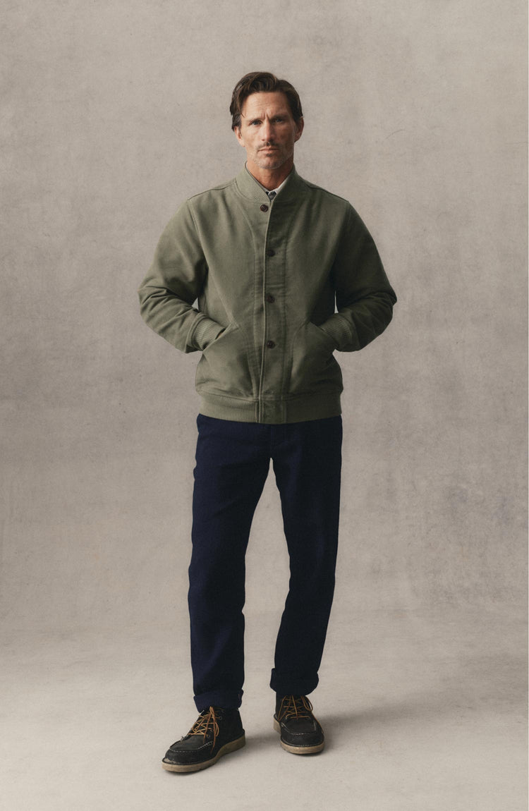fit model posing in The Camden Pant in Rinsed Indigo Sashiko