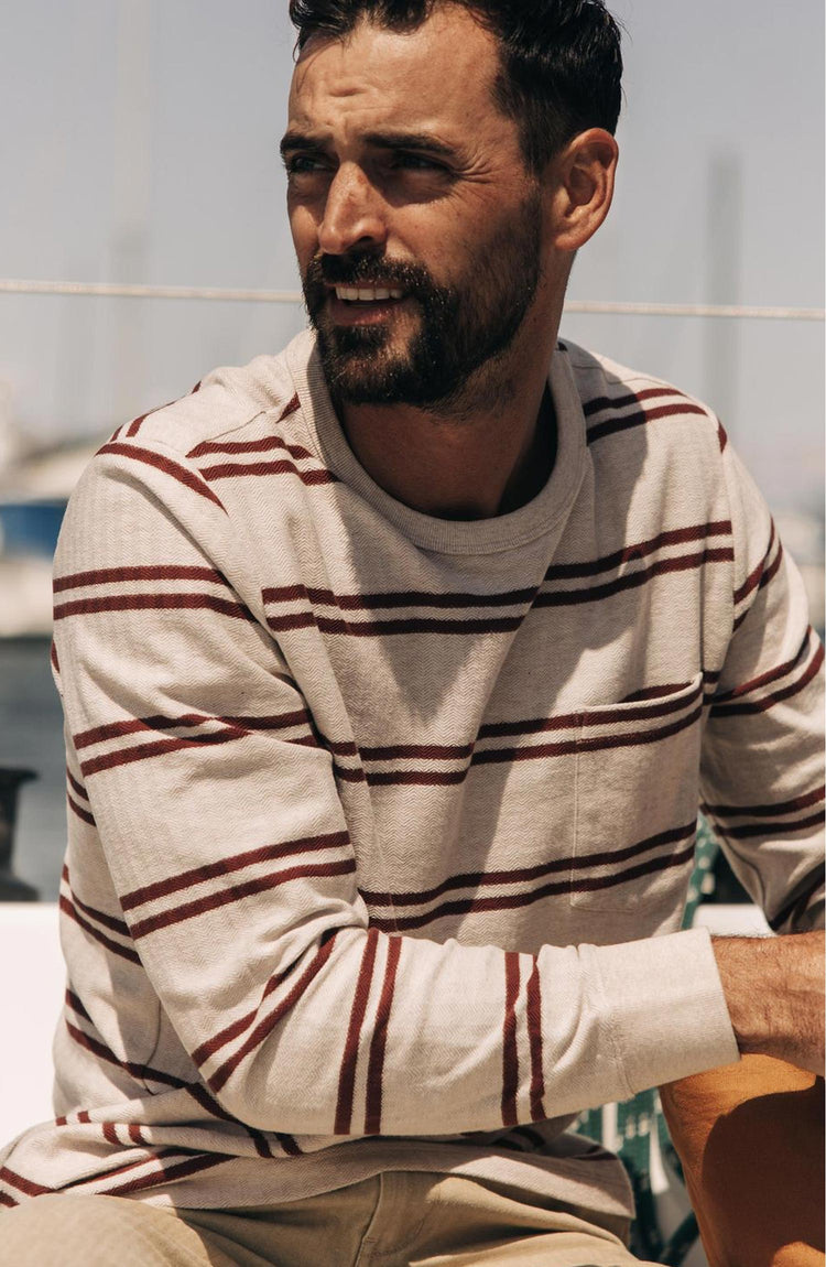 fit model wearing The Colton Crew in Oat Heathered Stripe