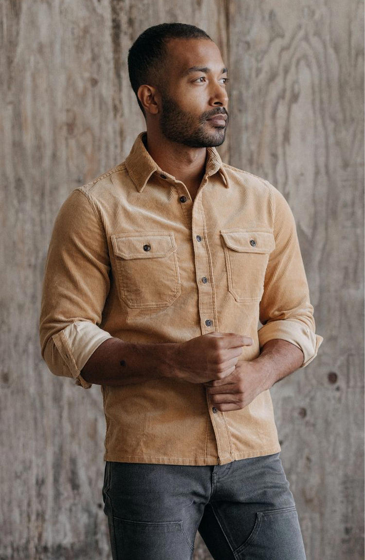 Our model wearing The Connor Shirt in Camel Cord