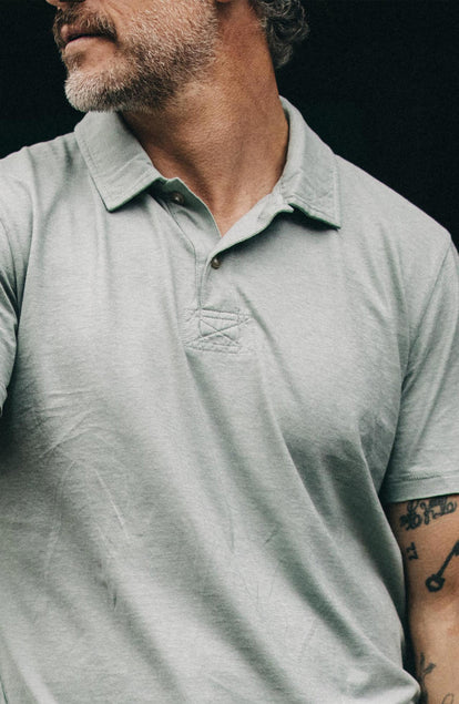 Our model standing in The Cotton Hemp Polo in Slate