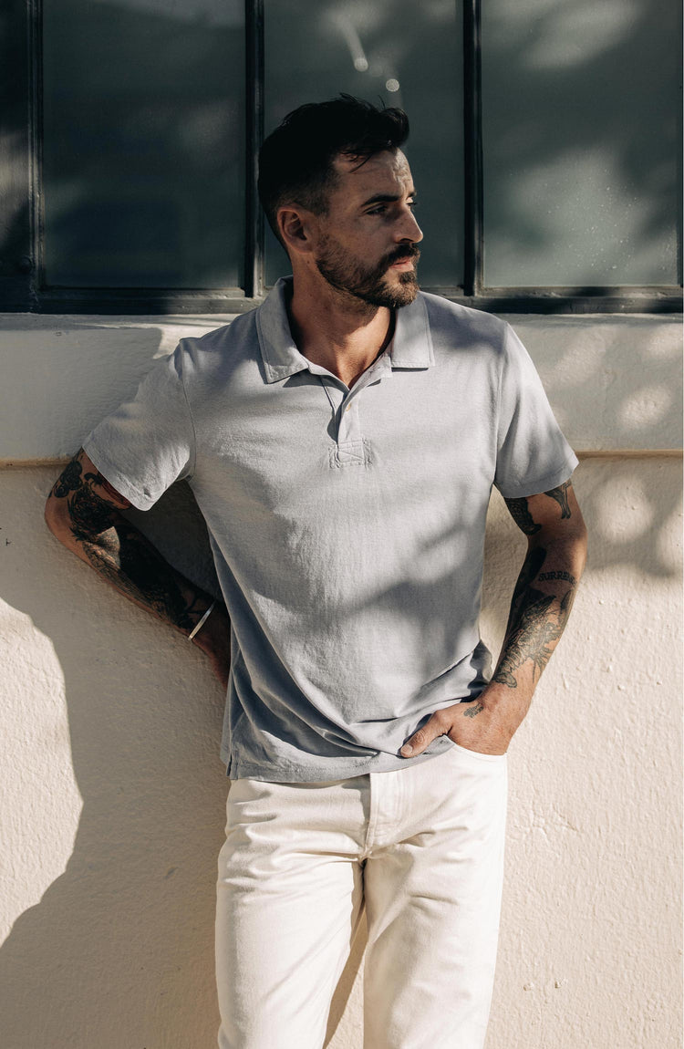 Our model wearing The Cotton Hemp Polo in Tradewinds