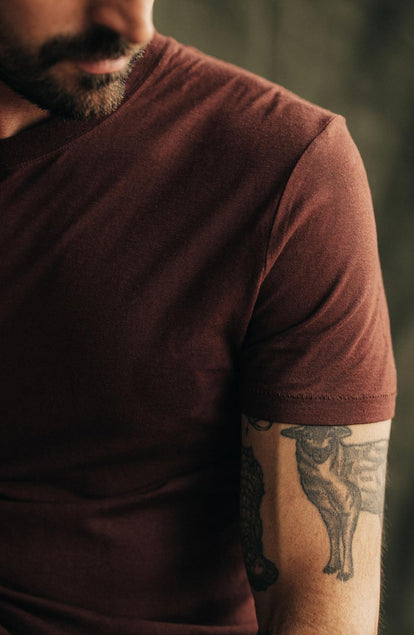 Close up of model in The Cotton Hemp Tee in Black Cherry