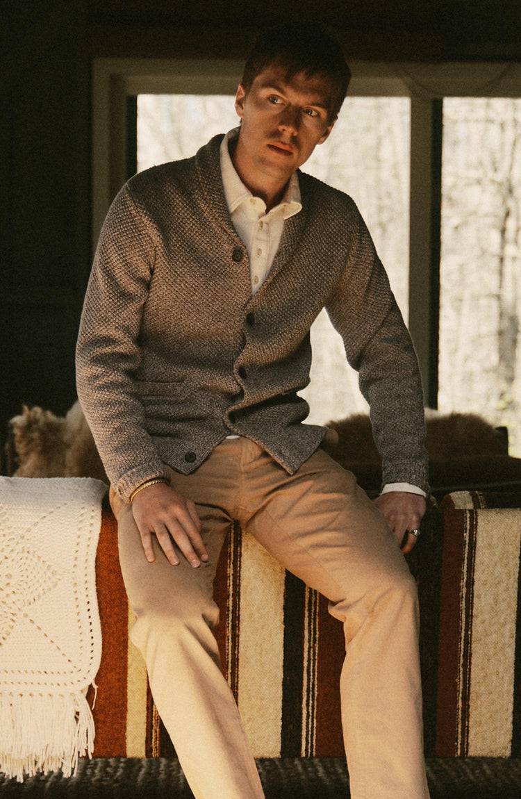 fit model posing in The Crawford Sweater in Coffee Twist