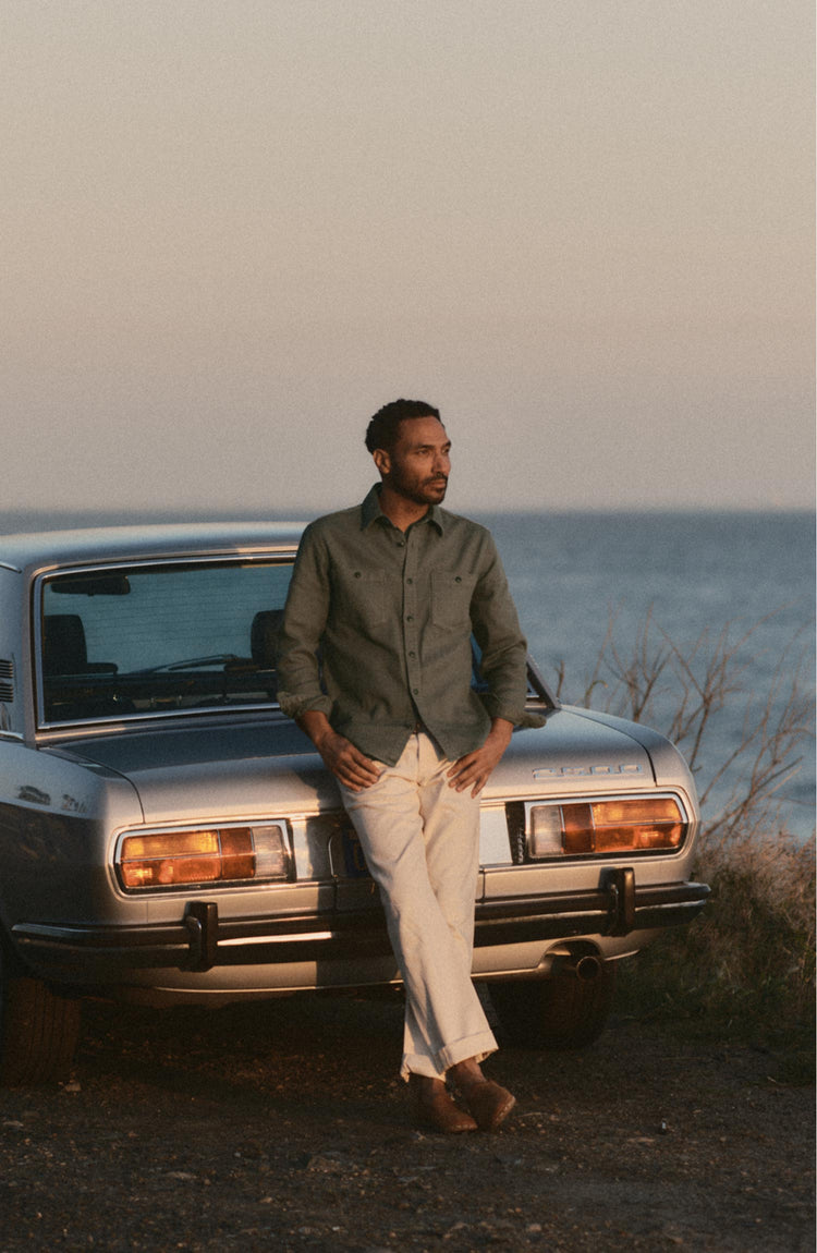 fit model posing in The Dispatch Shirt in Smoked Olive Broken Twill