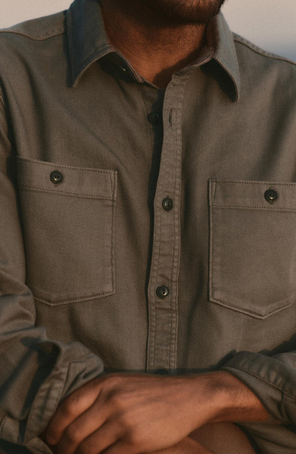 fit model showing off The Dispatch Shirt in Smoked Olive Broken Twill