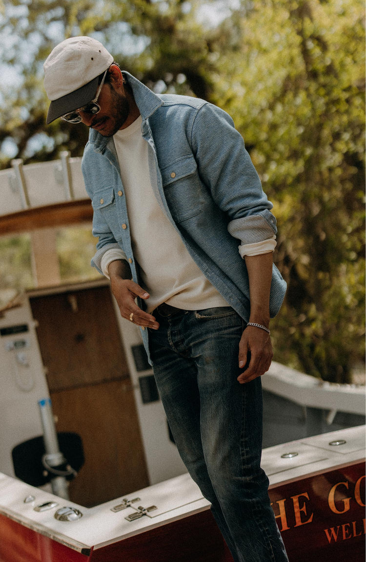 Model wearing The Utility Shirt in Cypress Sashiko