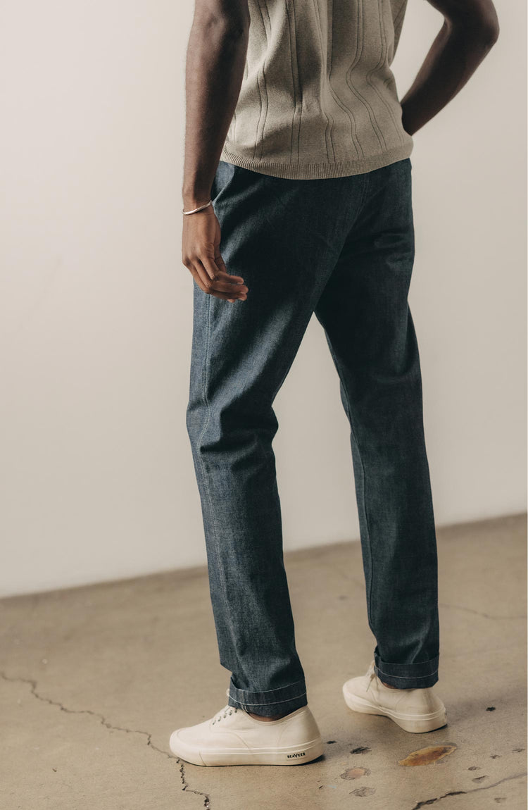 fit model posing in The Easy Pant in Washed Indigo Chambray