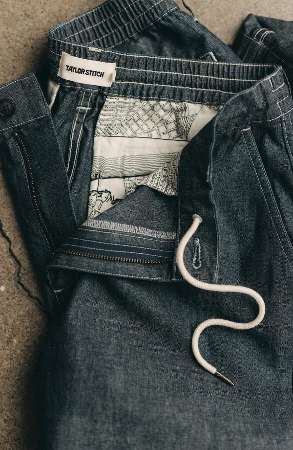 material shot of the waistband on The Easy Pant in Washed Indigo Chambray