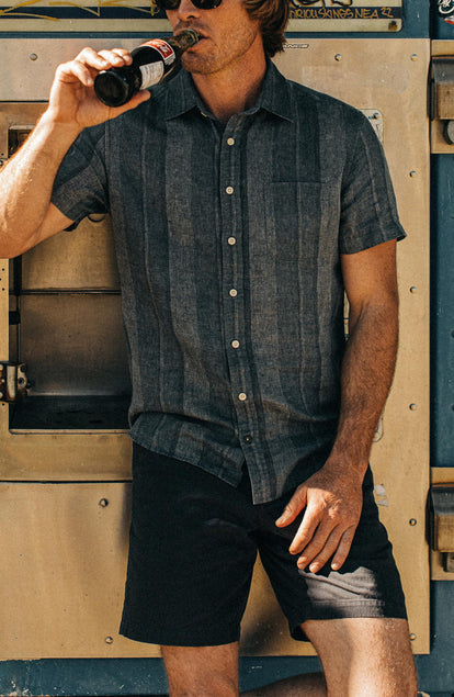 fit model posing in the foundation short in navy twill