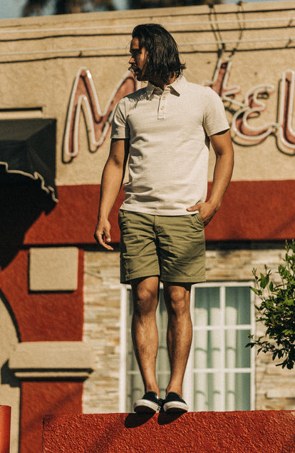 fit model posing in the foundation short in olive twill