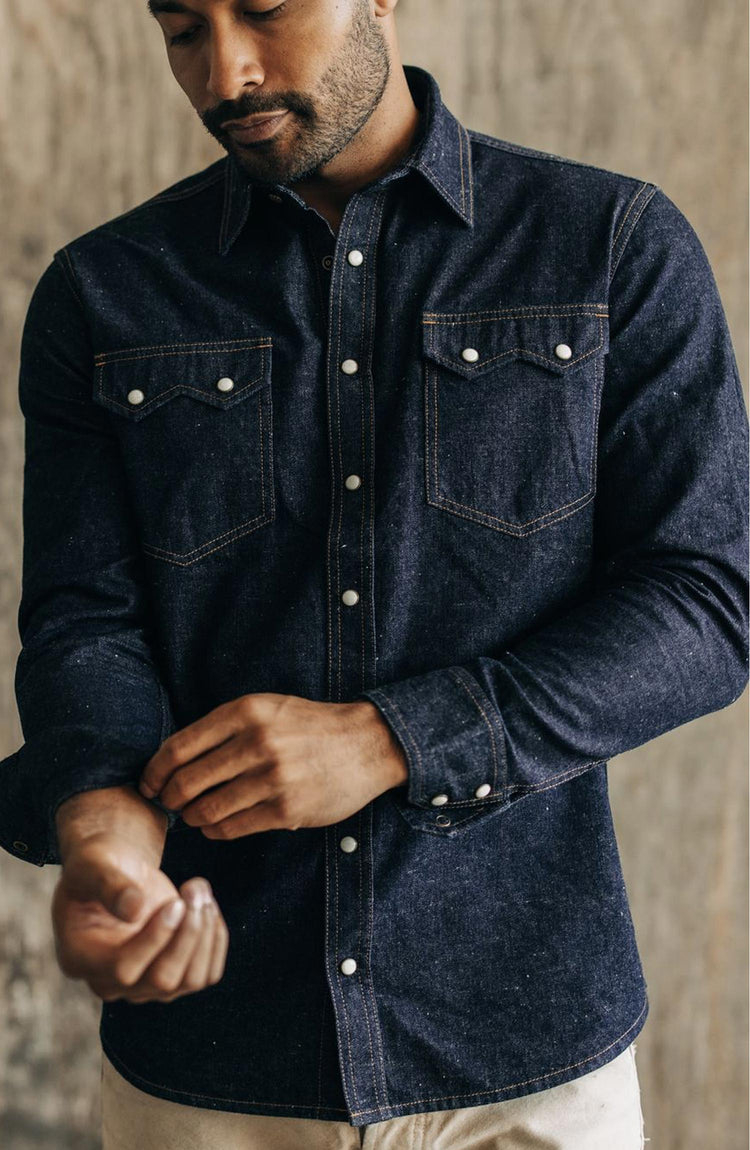 fit model in The Frontier Shirt in Rinsed Indigo Denim