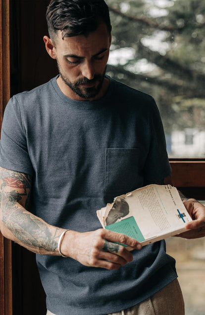 Editorial Panel: The Heavy Bag Tee in Storm, Knits by Taylor Stitch