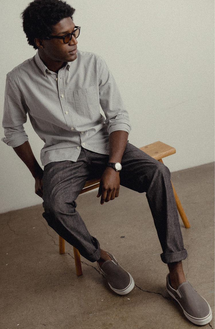 fit model posing in The Jack in Navy Stripe Seersucker