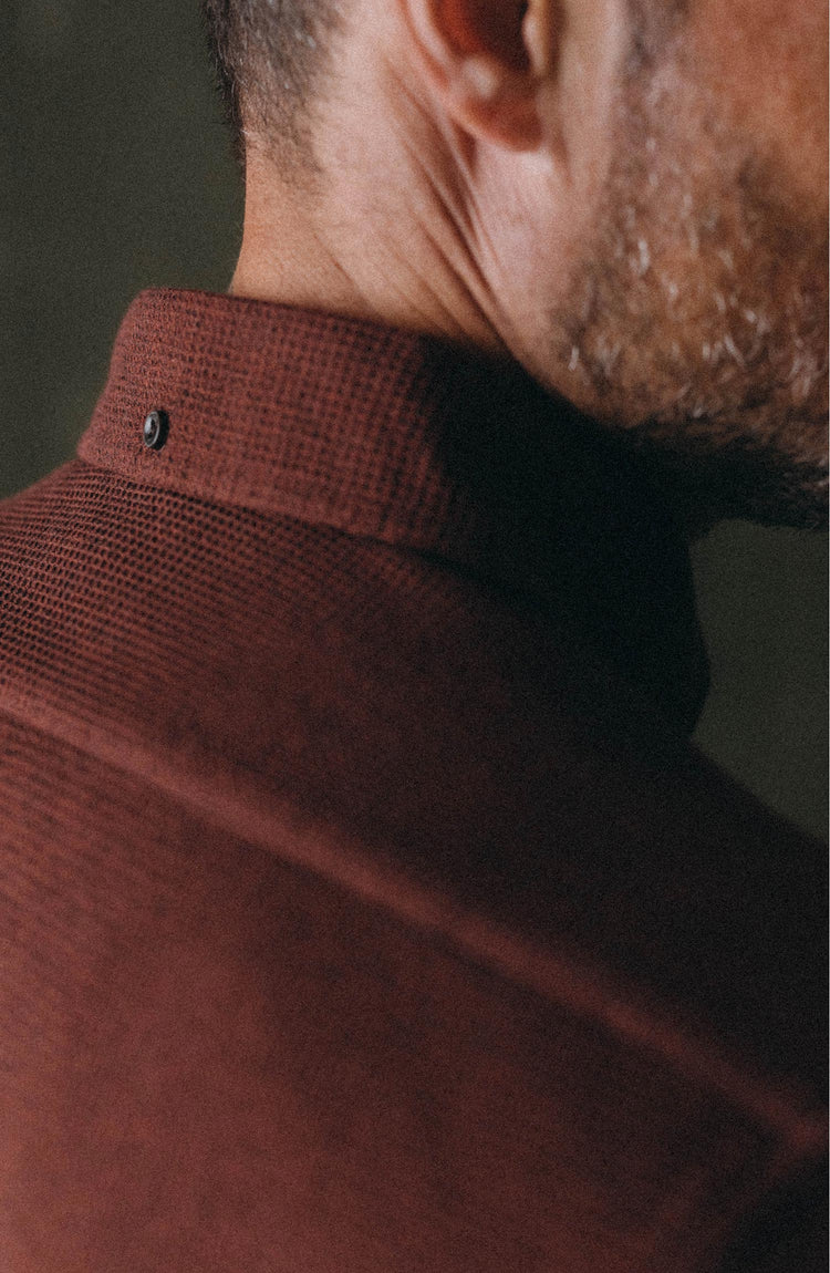 Our model wearing The Jack in Burgundy Waffle