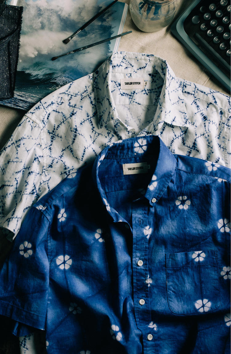 The Short Sleeve Jack in Deep Navy Floral and The Short Sleeve California in Deep Navy Crackle