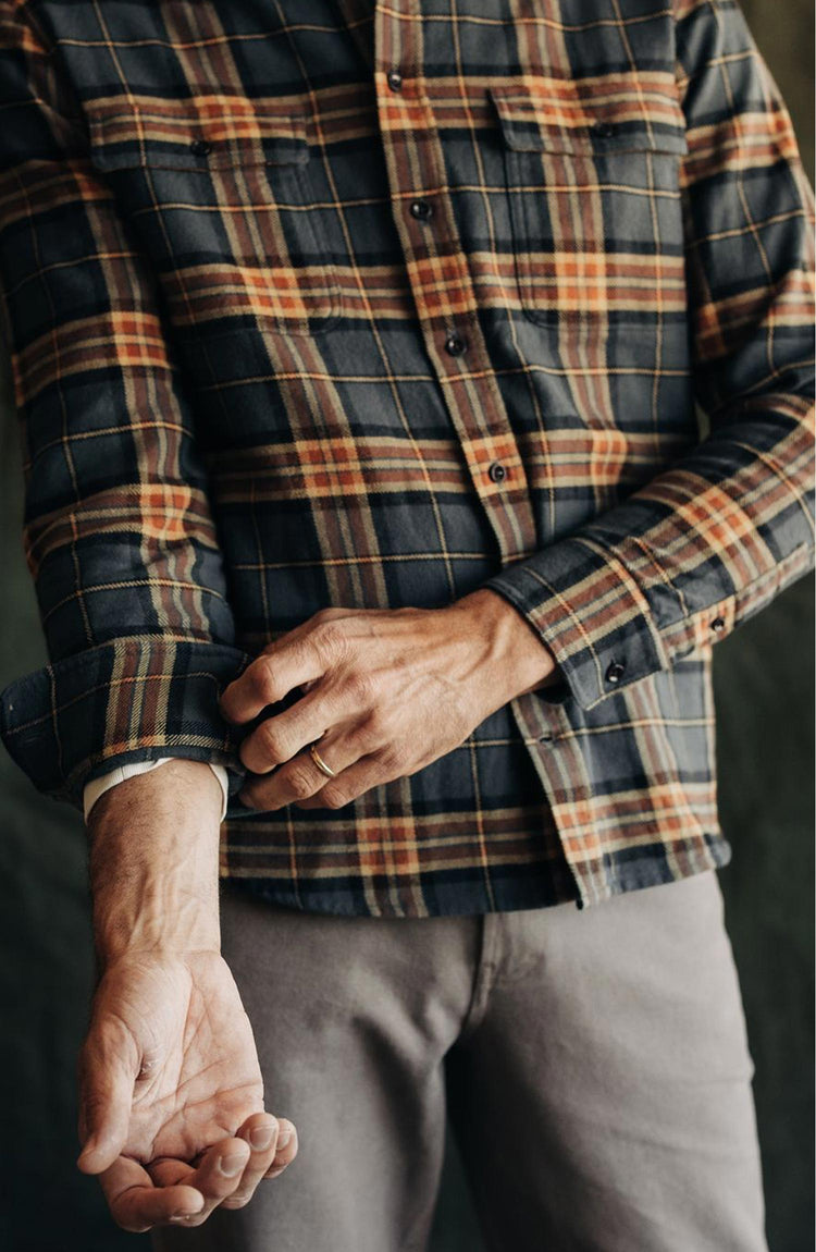 fit model wearing The Ledge Shirt in Conifer Plaid