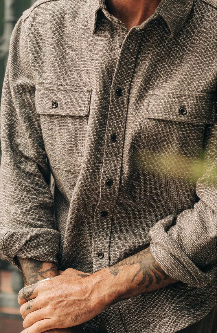 fit model showing off button details on The Ledge Shirt in Granite Linen Tweed