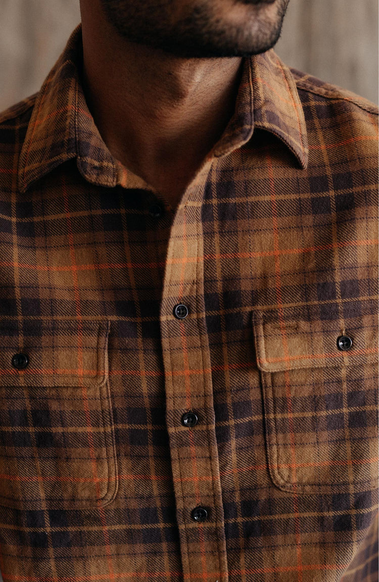 fit model wearing The Ledge Shirt in Tarnished Brass Plaid