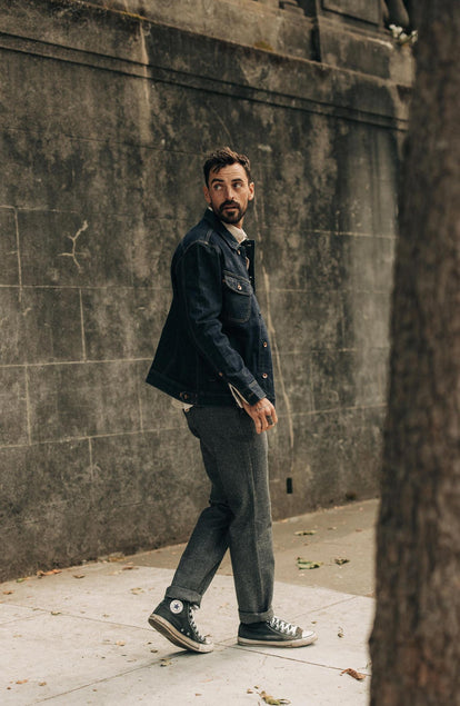 fit model walking wearing The Long Haul Jacket in Rinsed Organic Selvage