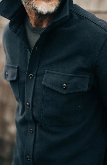 editorial image of The Maritime Shirt Jacket in Dark Navy Moleskin