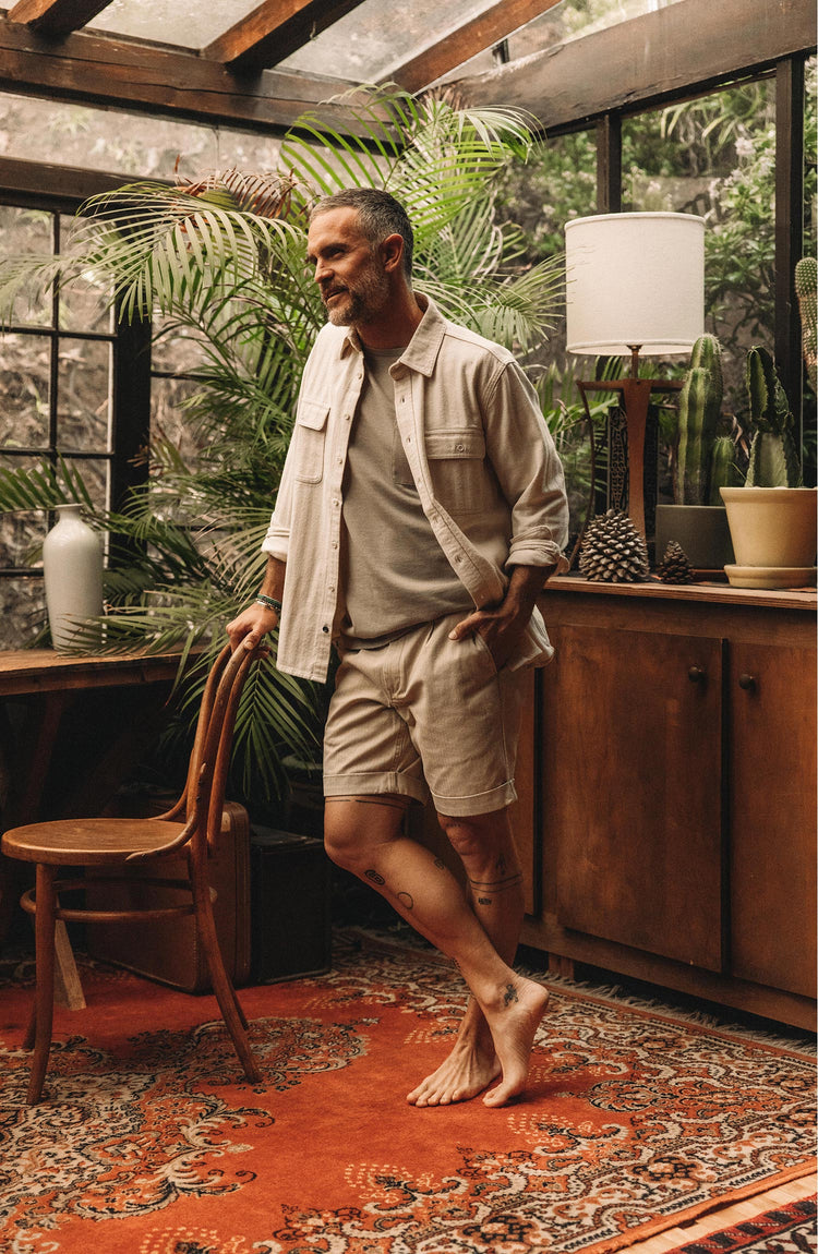 Our model wearing The Matlow Short in Dune Washed Herringbone