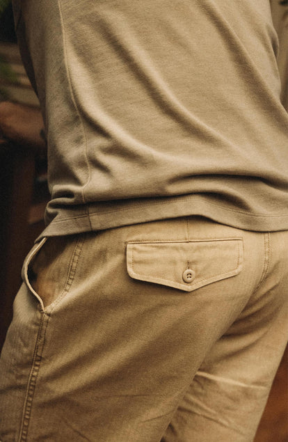 Our model standing in The Matlow Short in Dune Washed Herringbone