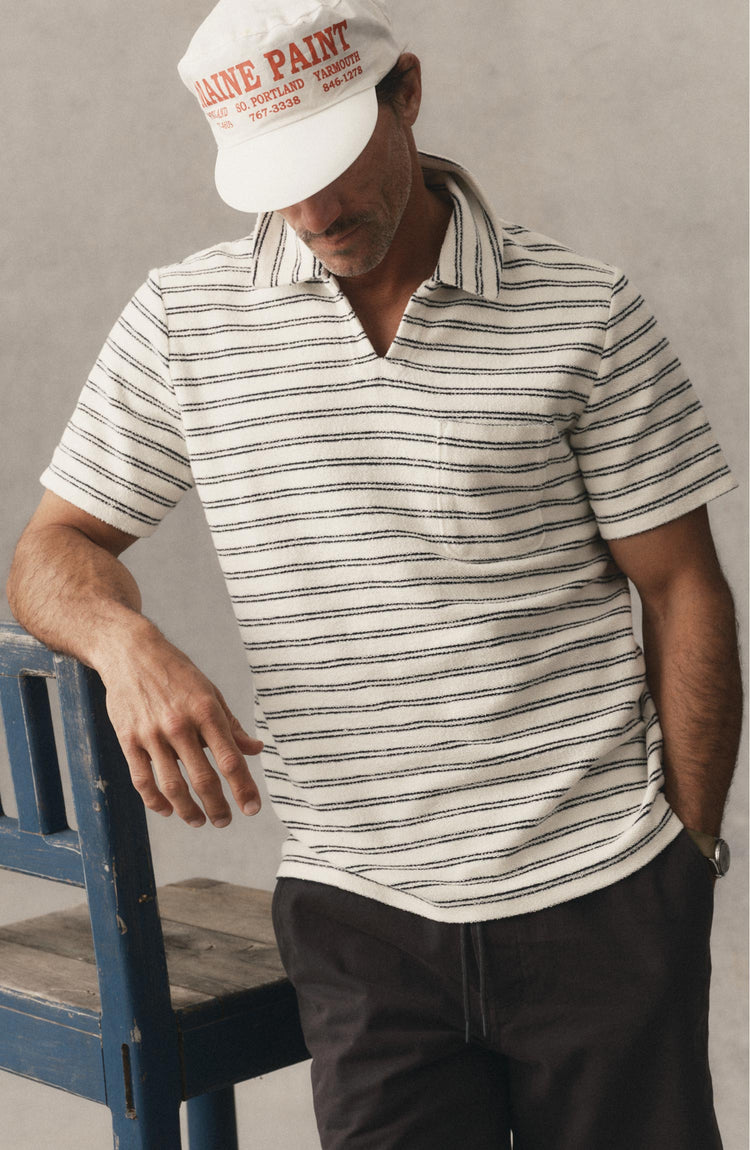 fit model posing in The Meridian Polo in Marine Stripe