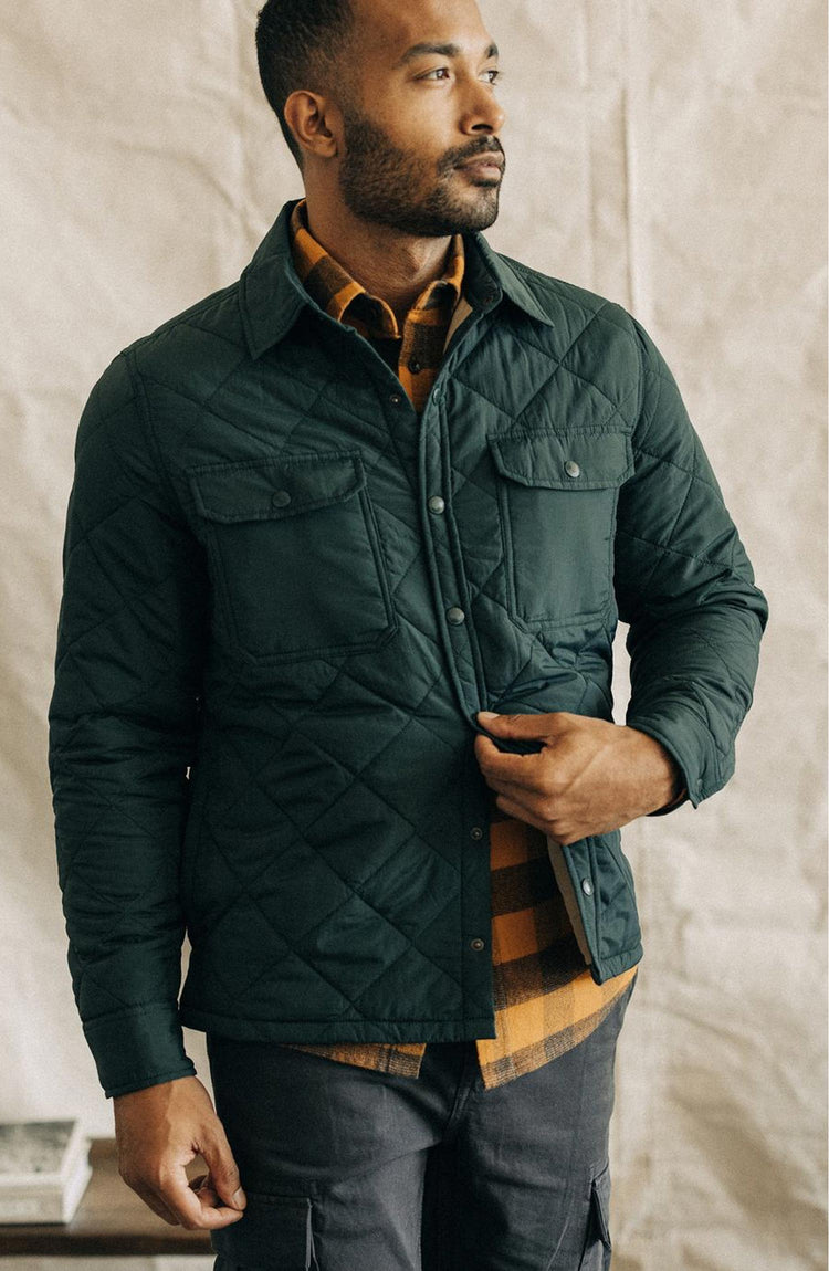 Model in The Miller Shirt Jacket in Conifer