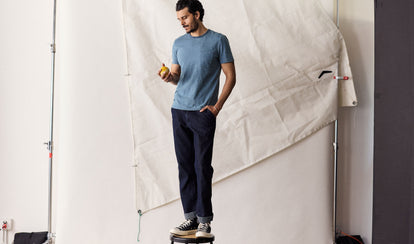 Model wearing The Organic Cotton T-Shirt in Dyed Indigo with The Morse Pant