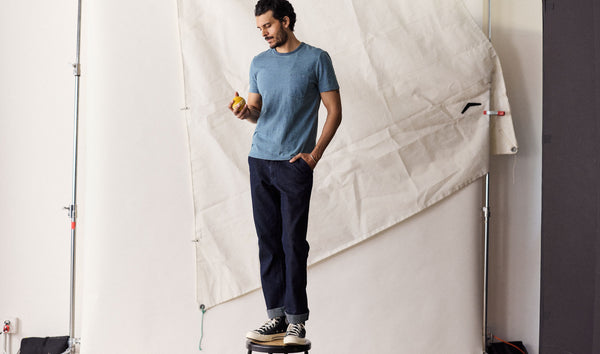 Model wearing The Organic Cotton T-Shirt in Dyed Indigo with The Morse Pant
