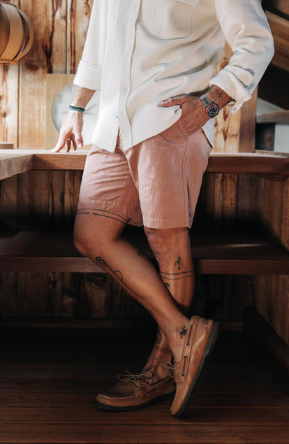 Our model standing in The Morse Short in Dried Acorn Slub