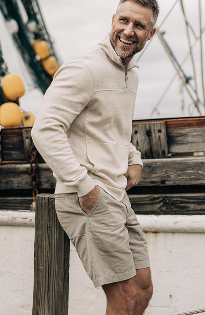 Our model standing in the foundation pant in organic marine