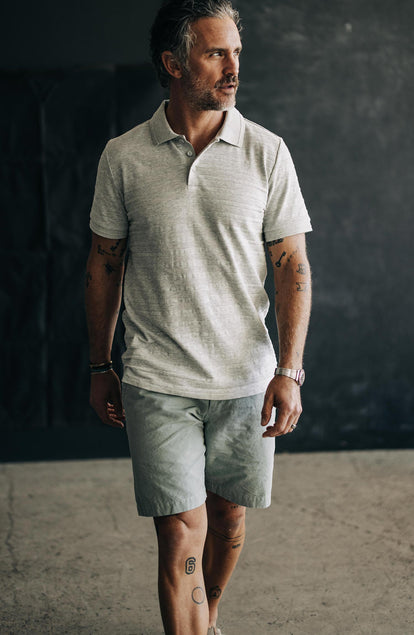 Our model standing in The Morse Short in Slate Slub