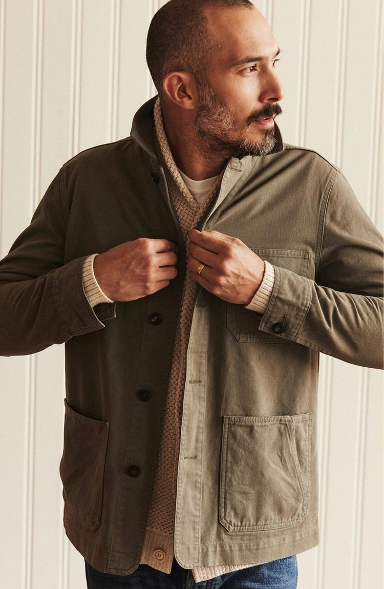 Model wearing The Ojai Jacket in Smoked Olive