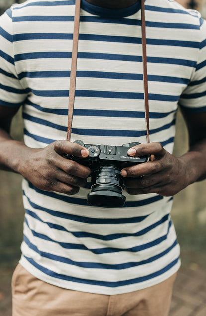 Our model wearing the organic cotton tee in seafoam stripe