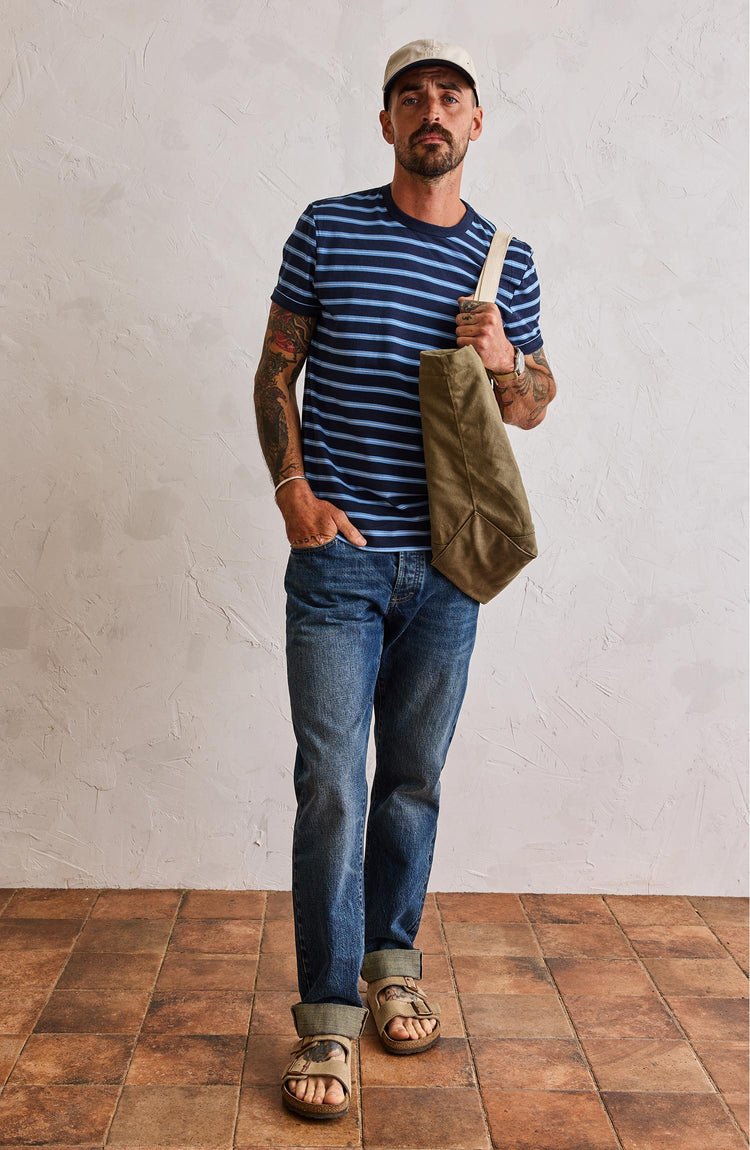 Our model wearing The Organic Cotton Tee in Navy Stripe