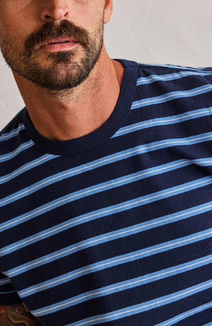 Our model standing in The Organic Cotton Tee in Navy Stripe