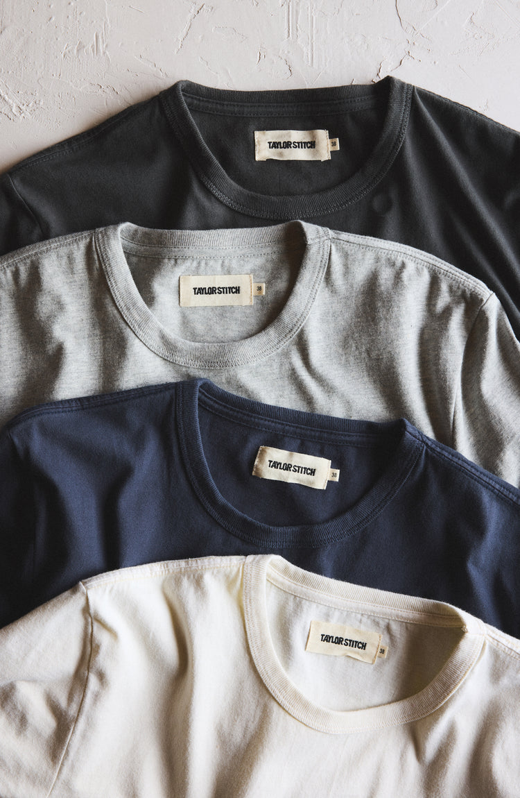The Organic Cotton Tee in Vintage White, Faded Black, Heather Grey and Navy